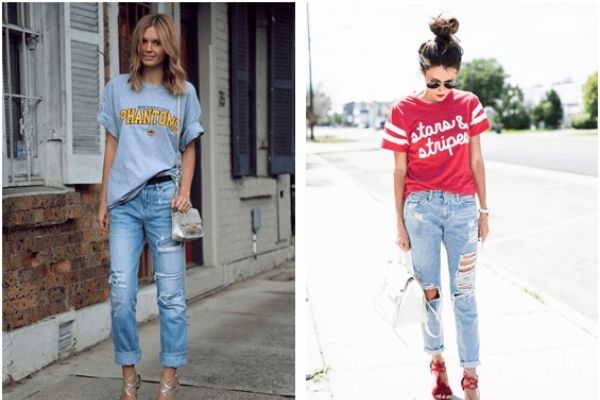 Áo phông oversize với quần jeans rách tạo nên phong cách bụi bặm cho nữ