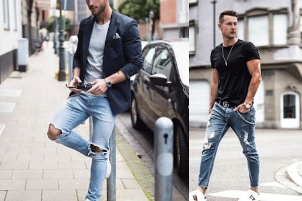 Một chiếc quần jeans rách khiến bộ trang phục đơn giản trở nên bụi bặm và thú vị hơn