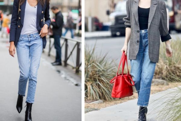 Áo khoác blazer và quần jeans kết hợp với boot cổ cao